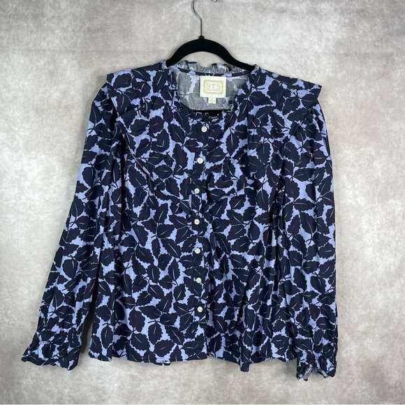 Sail To Sable Autumn Leaf Ruffle Bib Blouse In Blue Women's Size XL - Picture 1 of 6